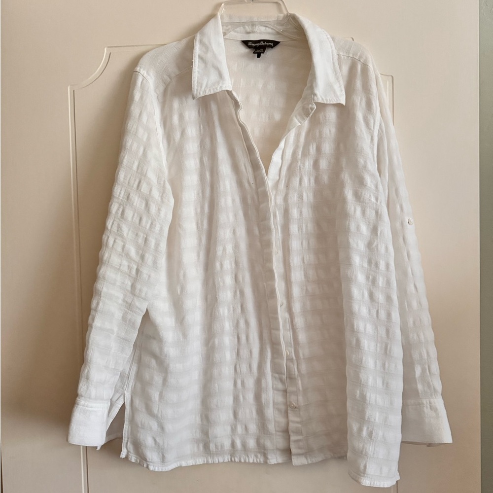 Tommy Bahama White long sleeve shirt with a checkered pattern #checkered